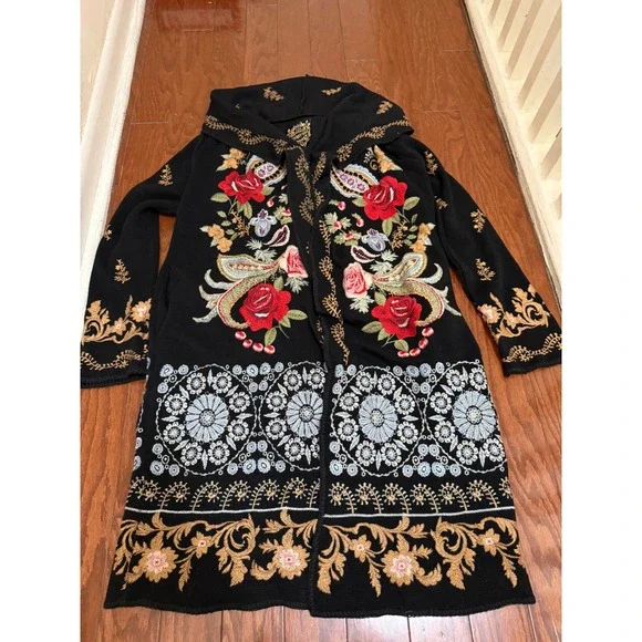 Johnny Was Black Embroidered Floral Hooded Long Cardigan Duster Sweater XS - Picture 1 of 7